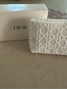 Dior White Quilted Embroidered Cosmetic Case